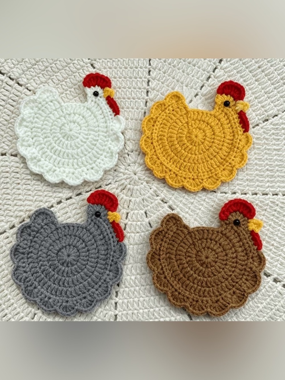 Crocheted Chicken Coaster Set - White, Mustard, Gray, Brown
